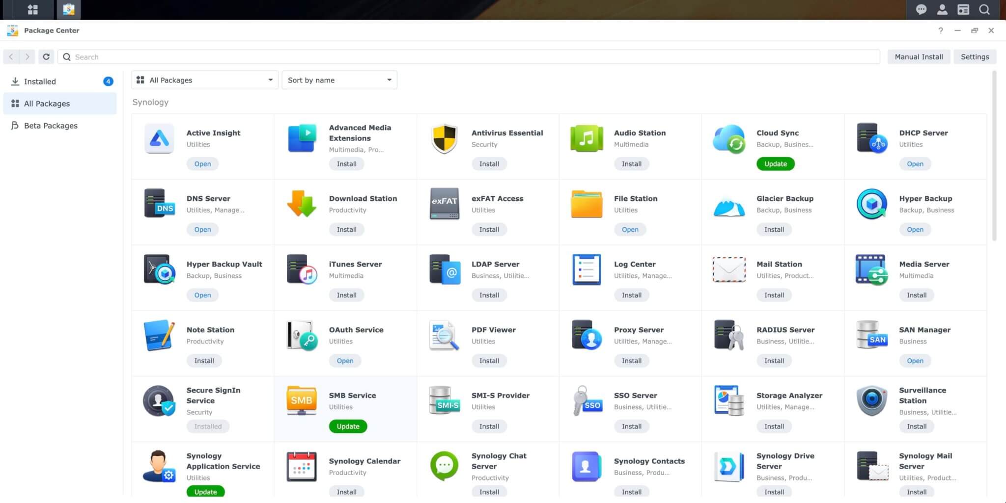 Synology Uygulamalar Ekranı